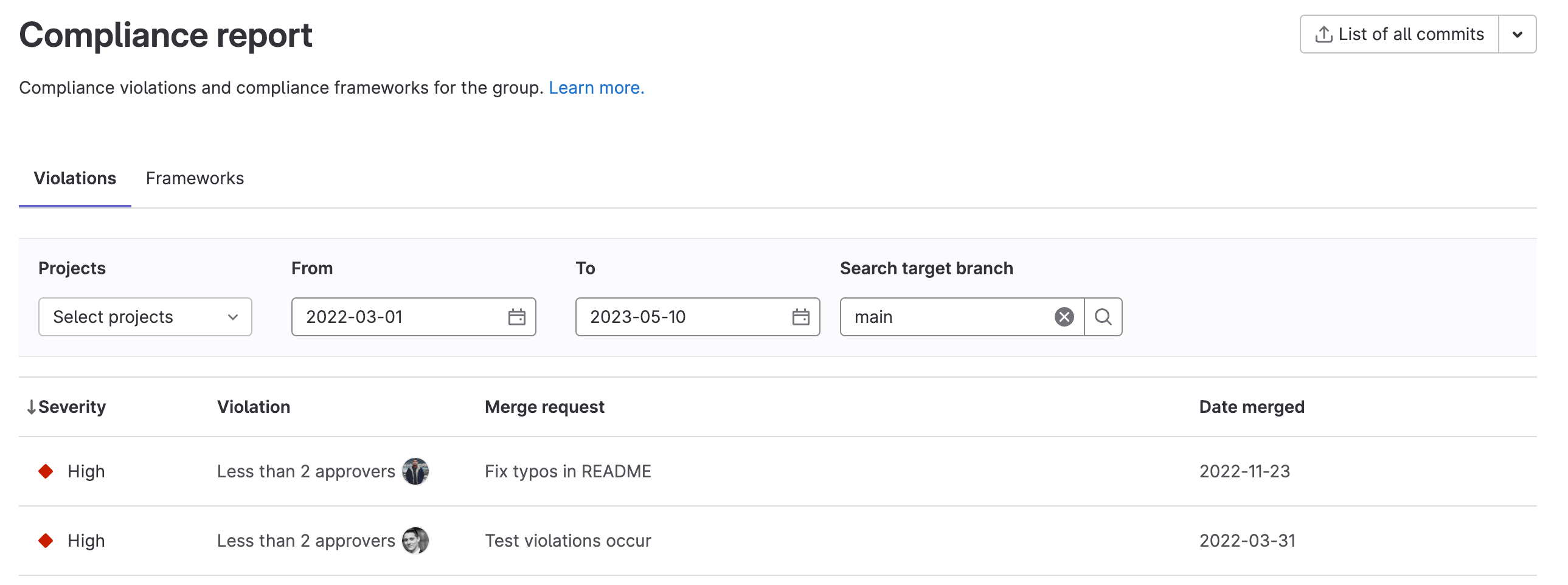 Filter compliance violations by target branch name